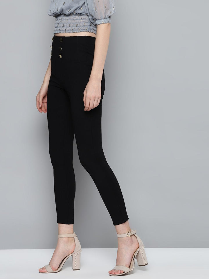 Women's Black Front Button High Waist Jeggings - SASSAFRAS