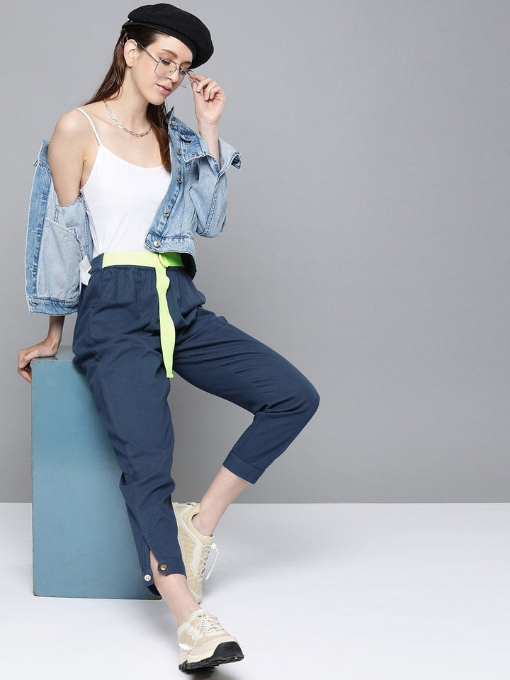 Women's Navy Button Detail Twill Joggers - SASSAFRAS