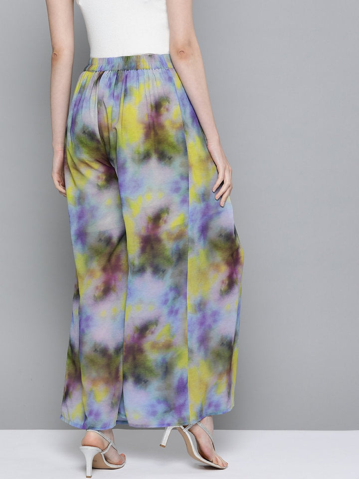 Women's Yellow & Purple Tie-Dye Print Palazzo Pants - SASSAFRAS