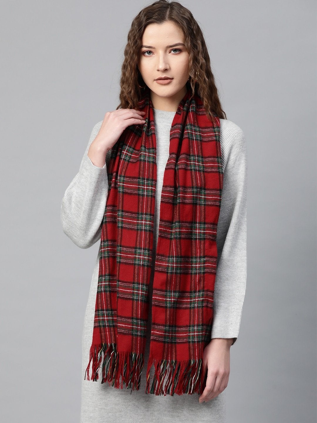 Women's Red Check Poly Viscose Stole - SASSAFRAS