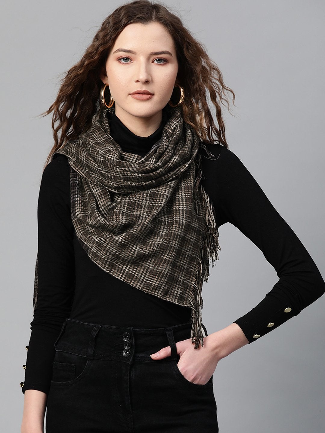 Women's Brown Check Poly Viscose Stole - SASSAFRAS