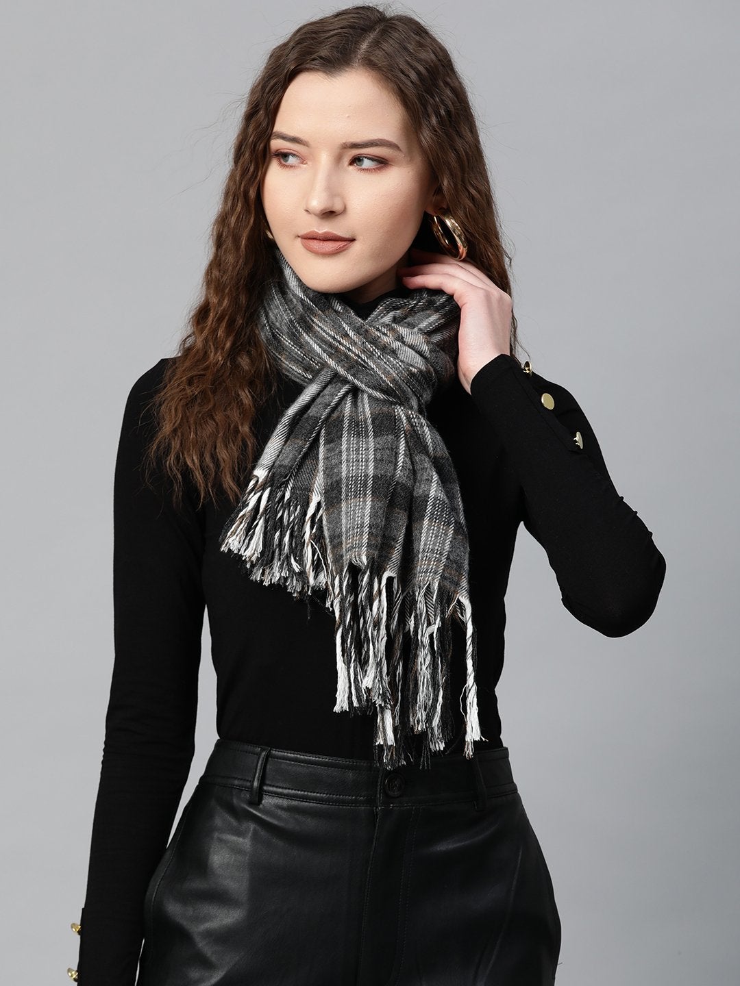 Women's Grey Check Poly Viscose Stole - SASSAFRAS