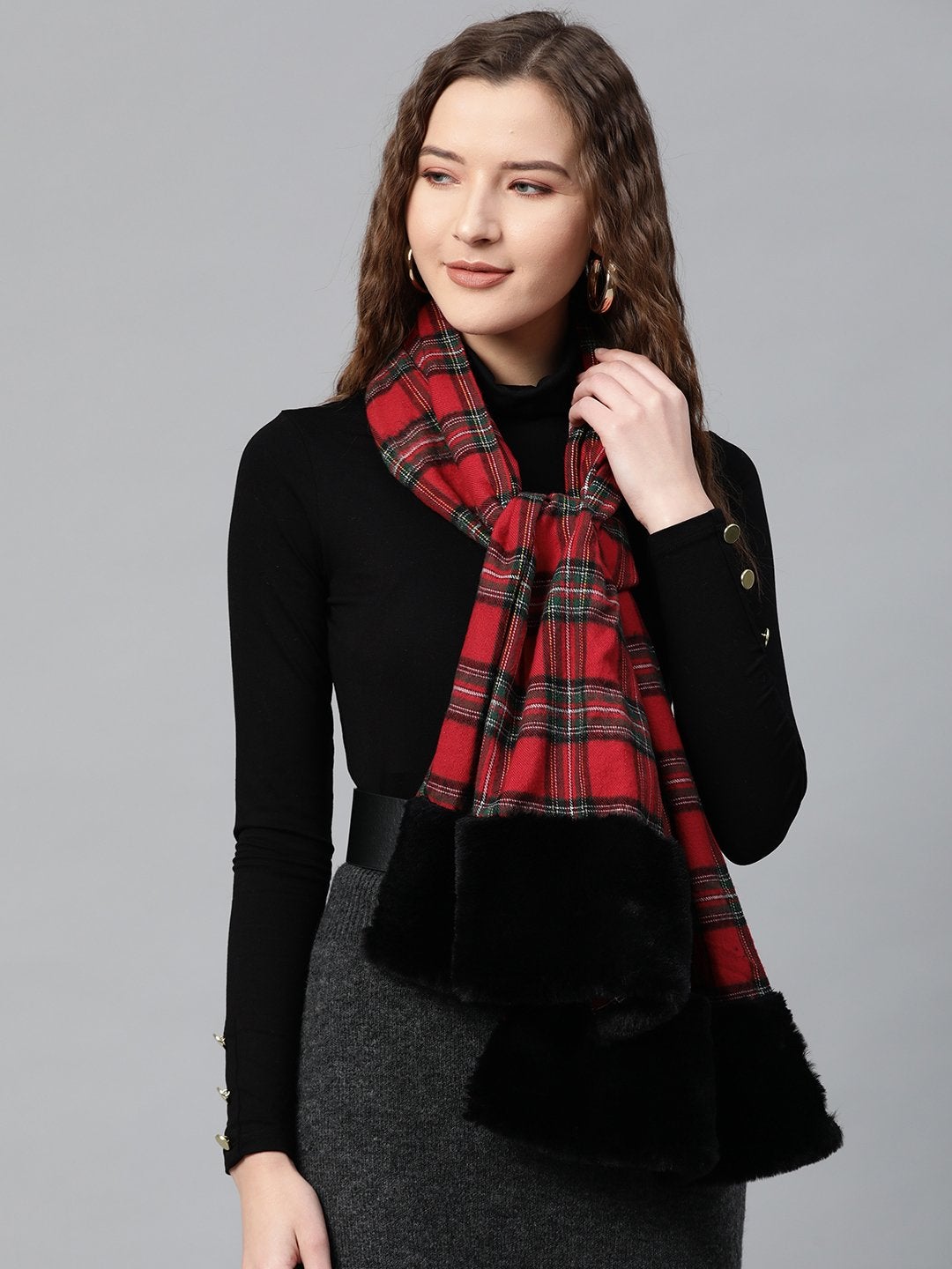 Women's Red Check Faux Fur Border Stole - SASSAFRAS