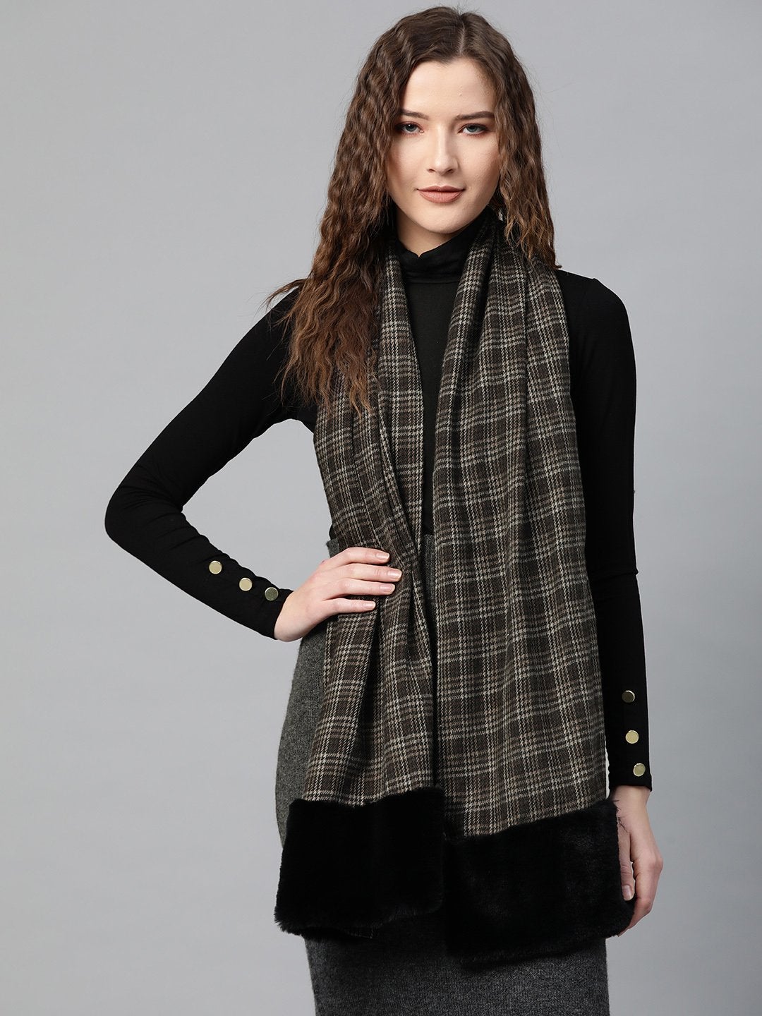 Women's Brown Check Faux Fur Border Stole - SASSAFRAS