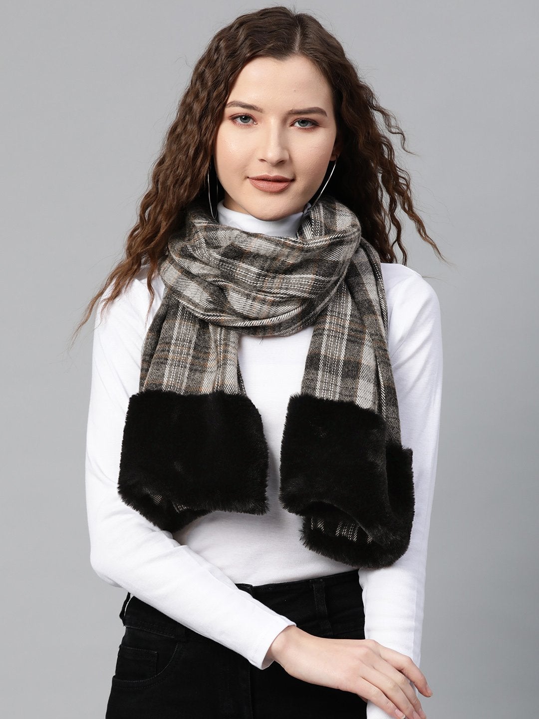 Women's Grey Check Faux Fur Border Scarf - SASSAFRAS