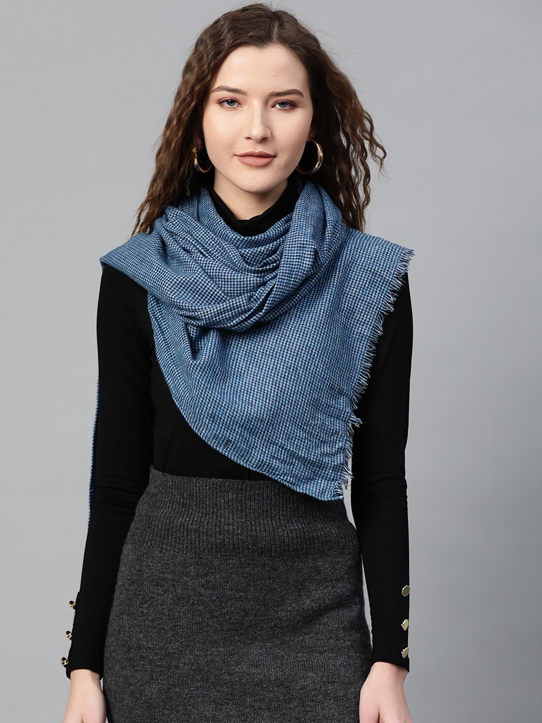 Women's Blue Check Poly Wool Stole - SASSAFRAS