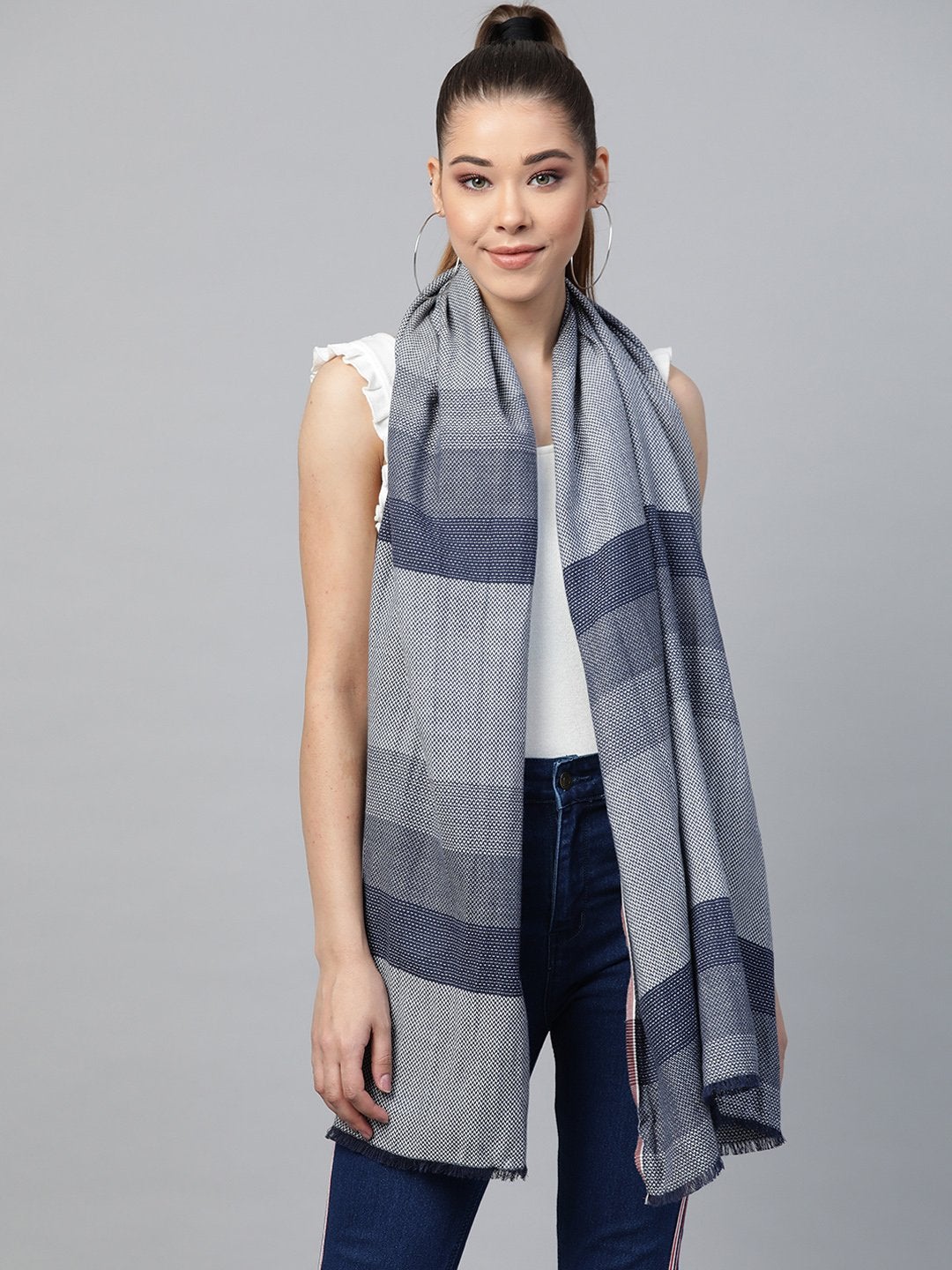 Women's Navy & White Stripe Poly Wool Stole - SASSAFRAS