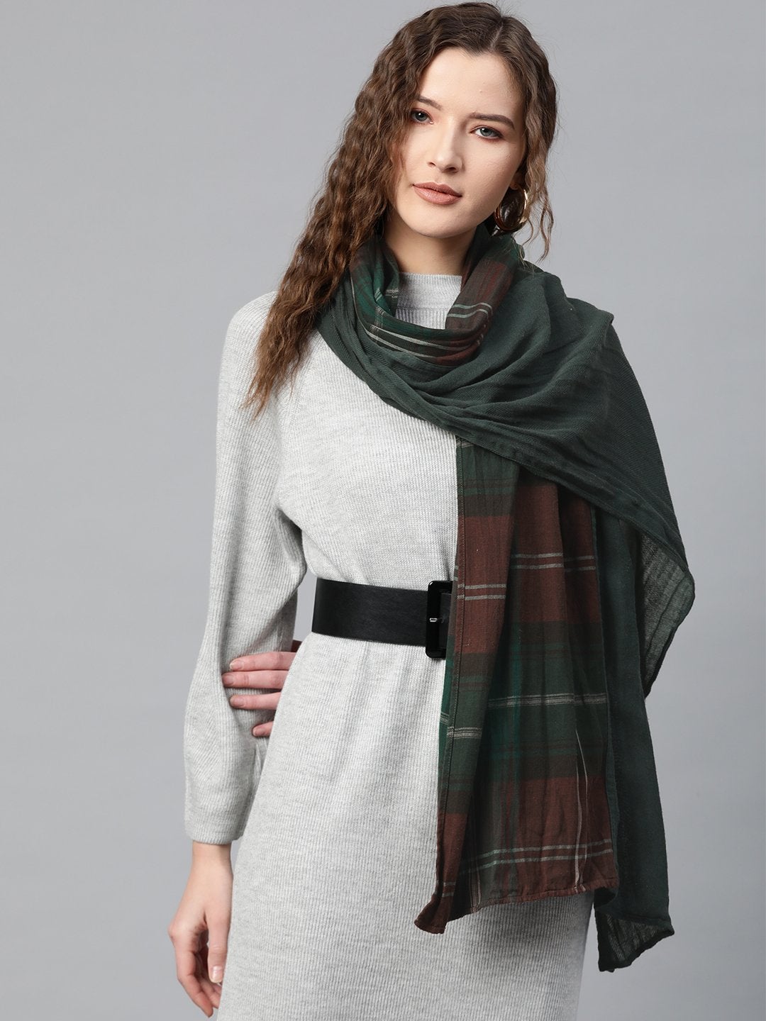 Women's Green Half Solid Half Check Stole - SASSAFRAS