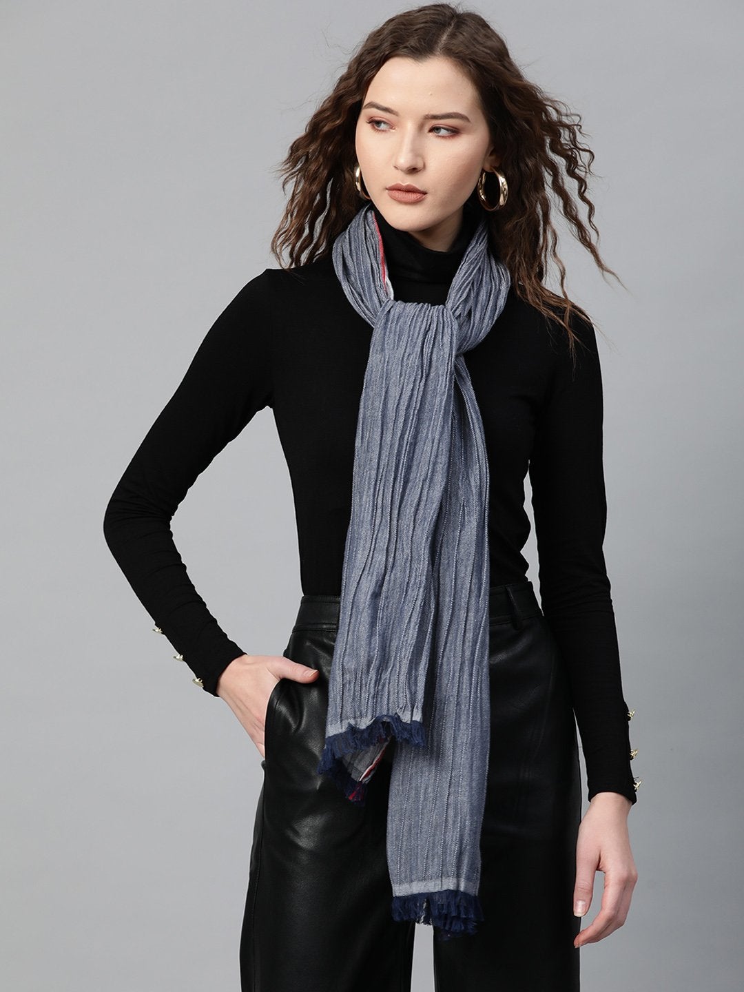 Women's Navy Chambray Effect Poly Wool Stole - SASSAFRAS