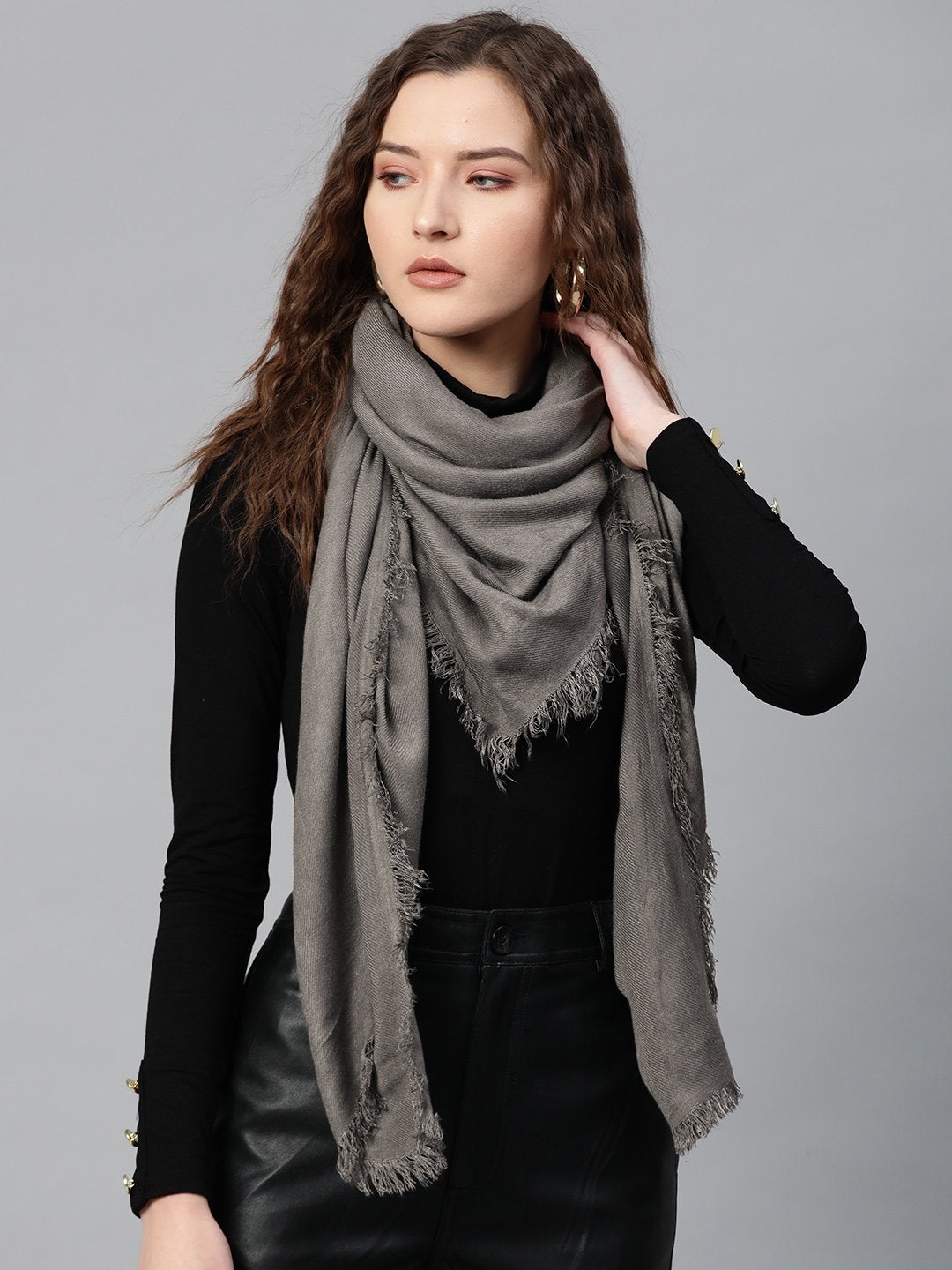 Women's Dark Grey Square Poly Wool Stole - SASSAFRAS