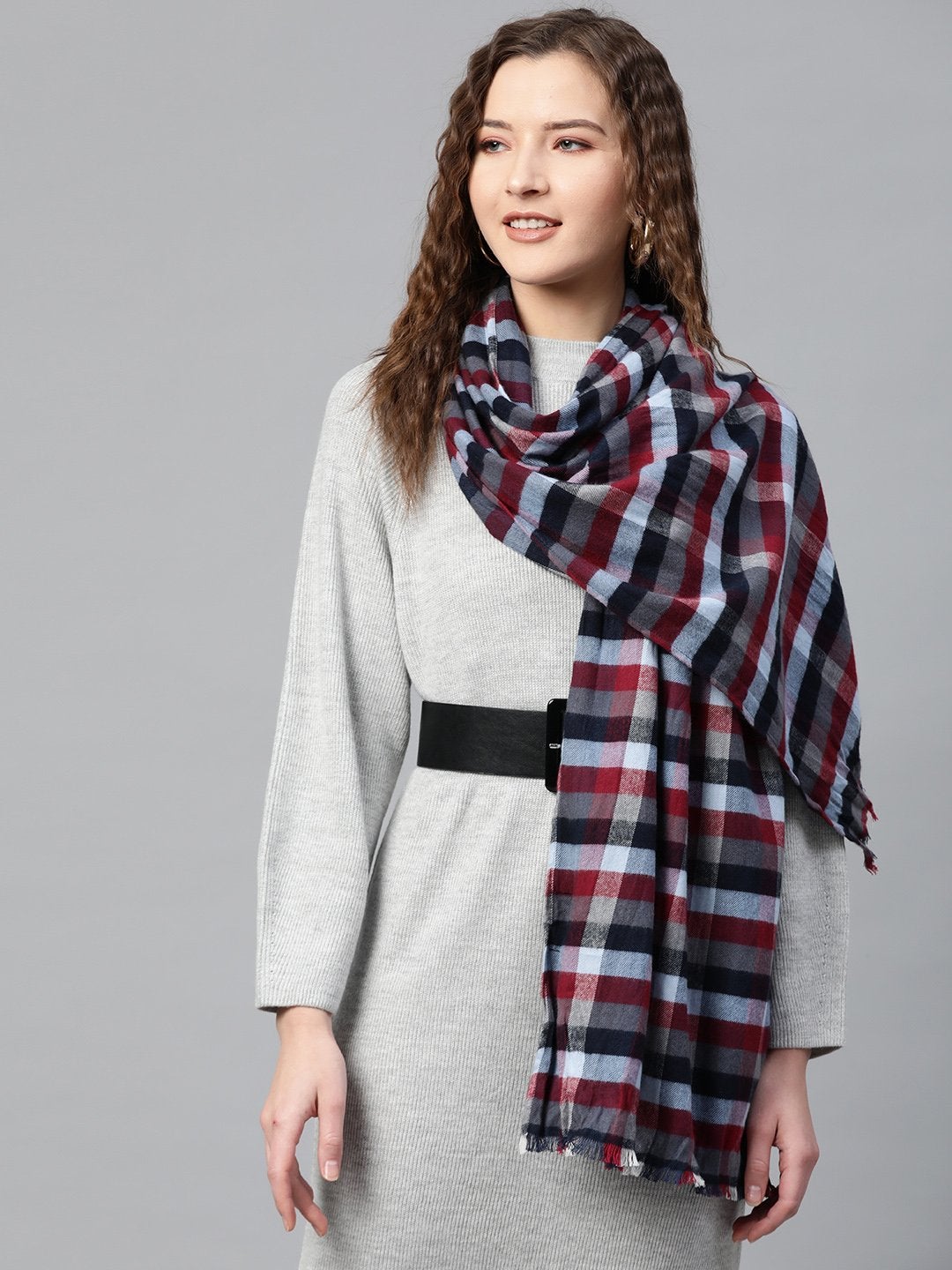 Women's Multi Colour Check Poly Wool Stole - SASSAFRAS