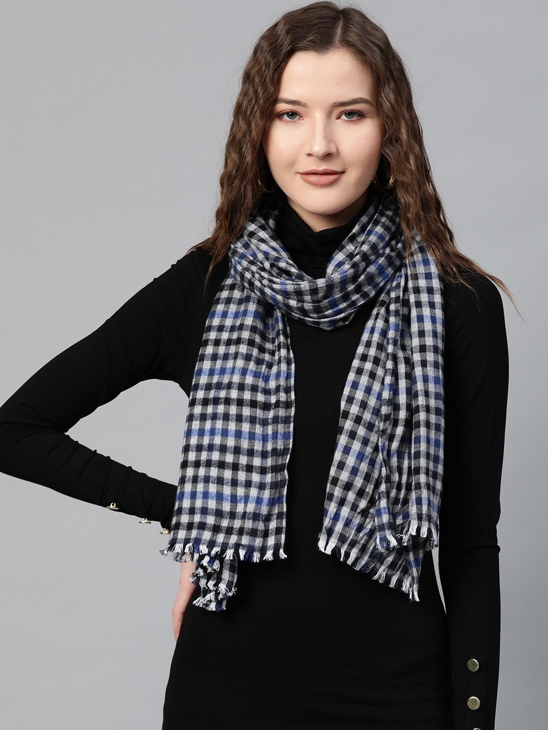 Women's Grey & Blue Check Poly Wool Stole - SASSAFRAS