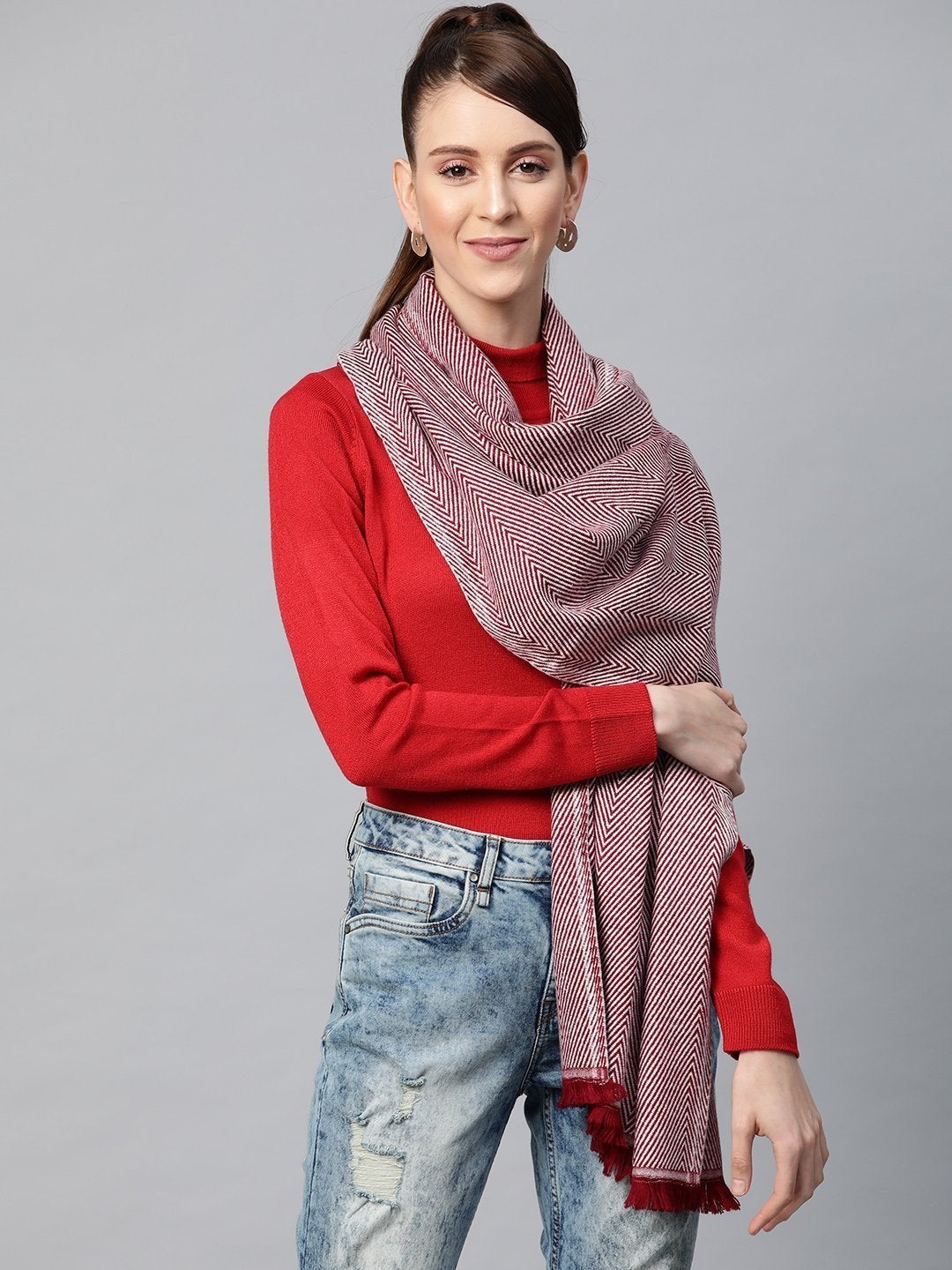 Women's Maroon Cotton Acrylic Fisherman Stole - SASSAFRAS