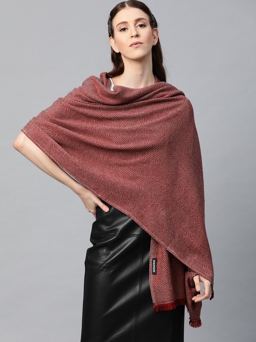 Women's Red Cotton Acrylic Fisherman Stole - SASSAFRAS