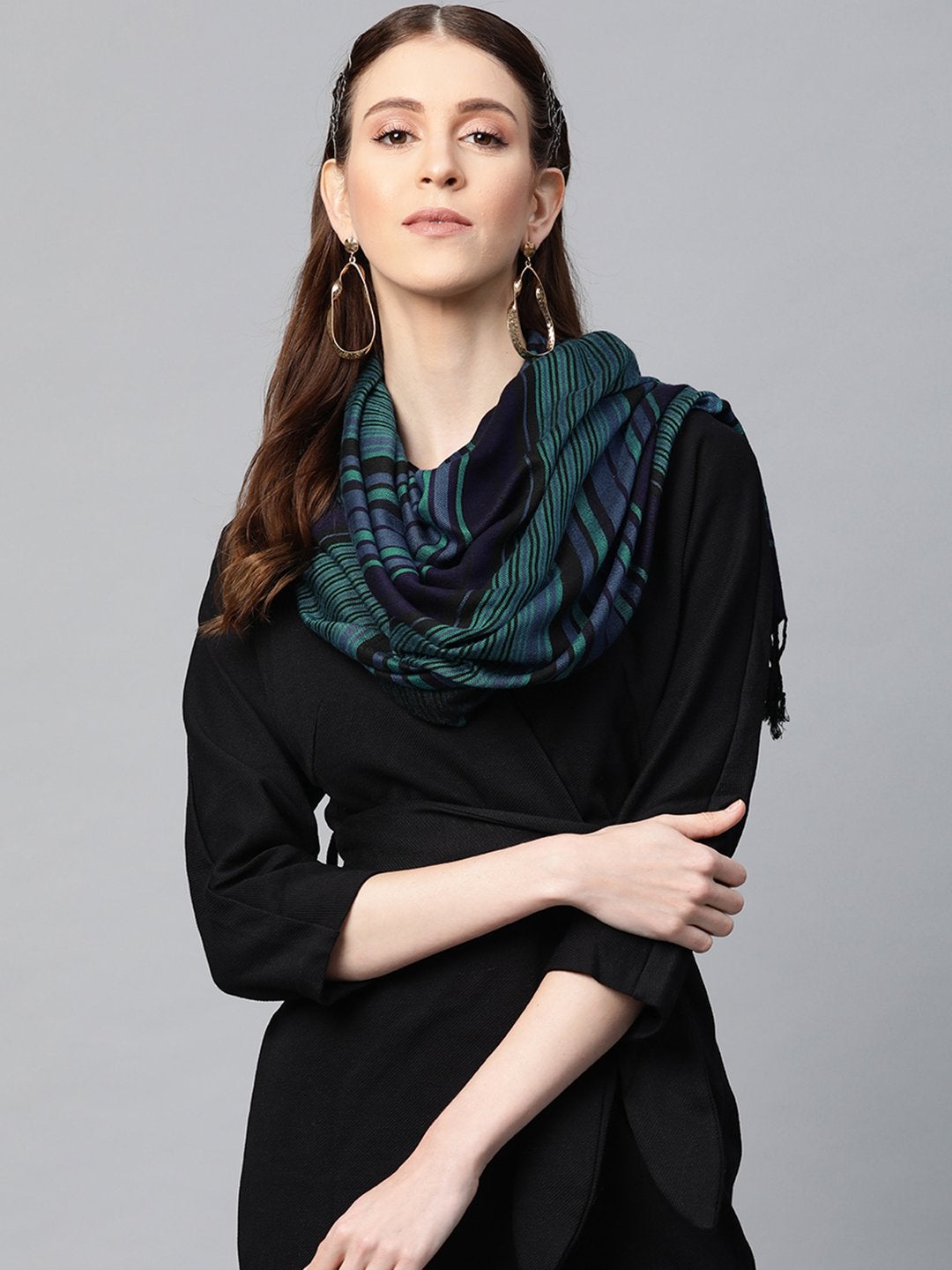 Women's Green Viscose Stripe Stole - SASSAFRAS