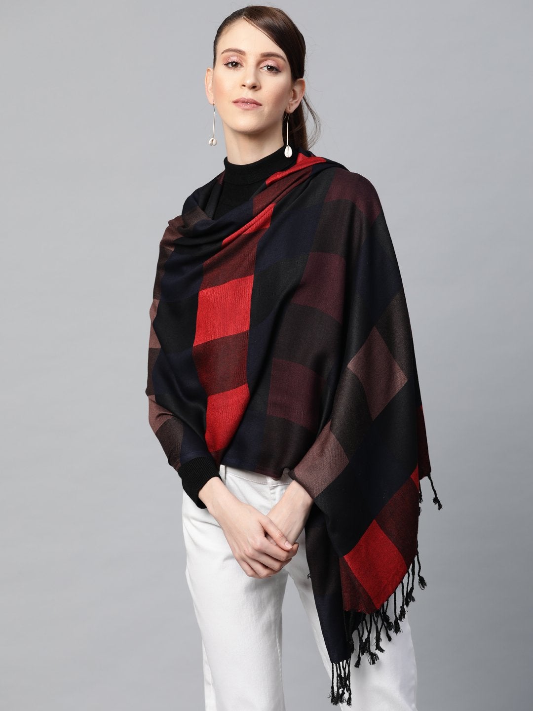 Women's Red Viscose Checks Stole - SASSAFRAS