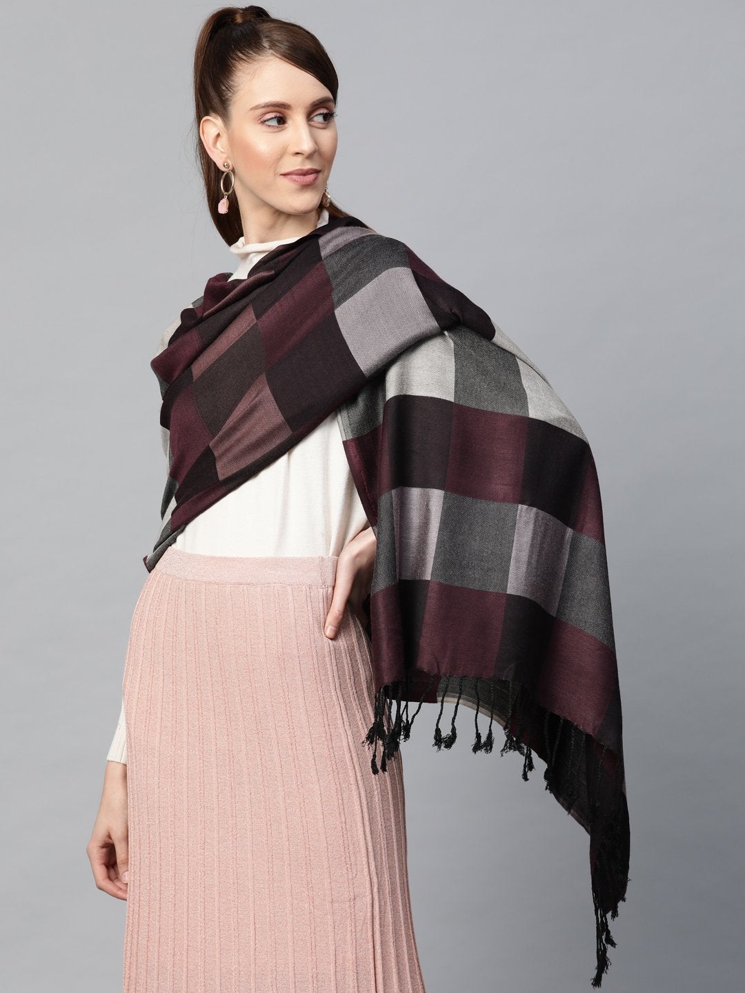 Women's Purple Viscose Checks Stole - SASSAFRAS