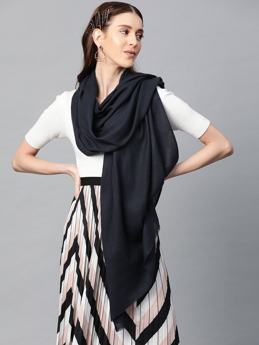 Women's Navy Recycled Poly Cotton Brushed Stole - SASSAFRAS