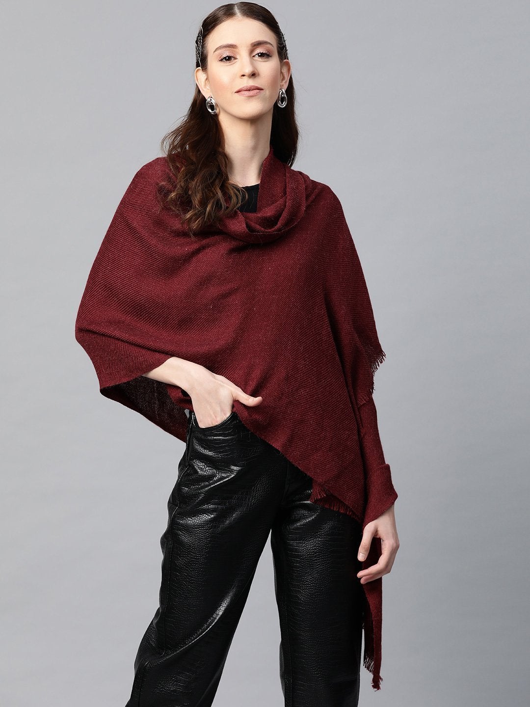 Women's Maroon Angora Plain Stole - SASSAFRAS