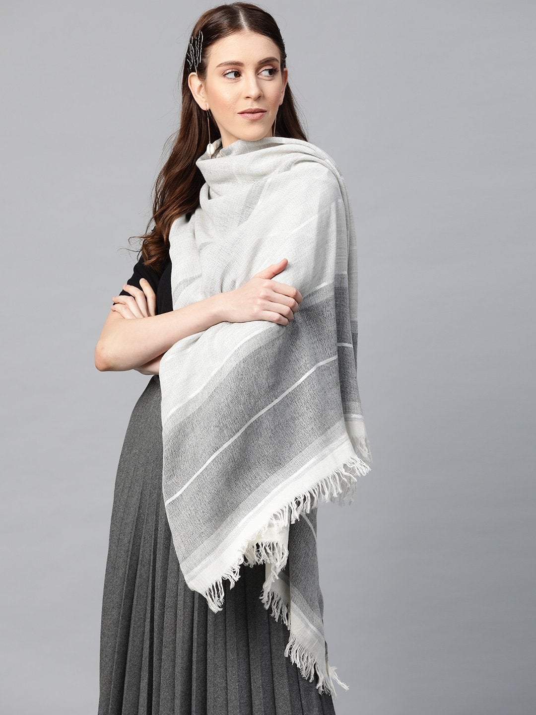 Women's Grey Cotton Acrylic Lurex Scarf - SASSAFRAS