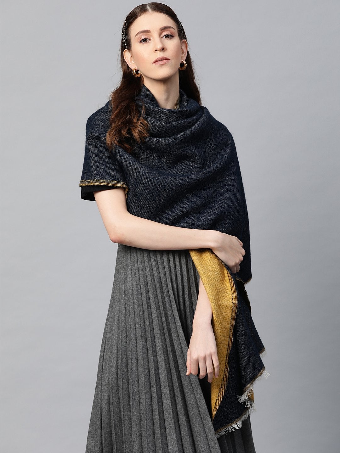 Women's Navy Mustard Acrylic Cotton Reversable Stole - SASSAFRAS