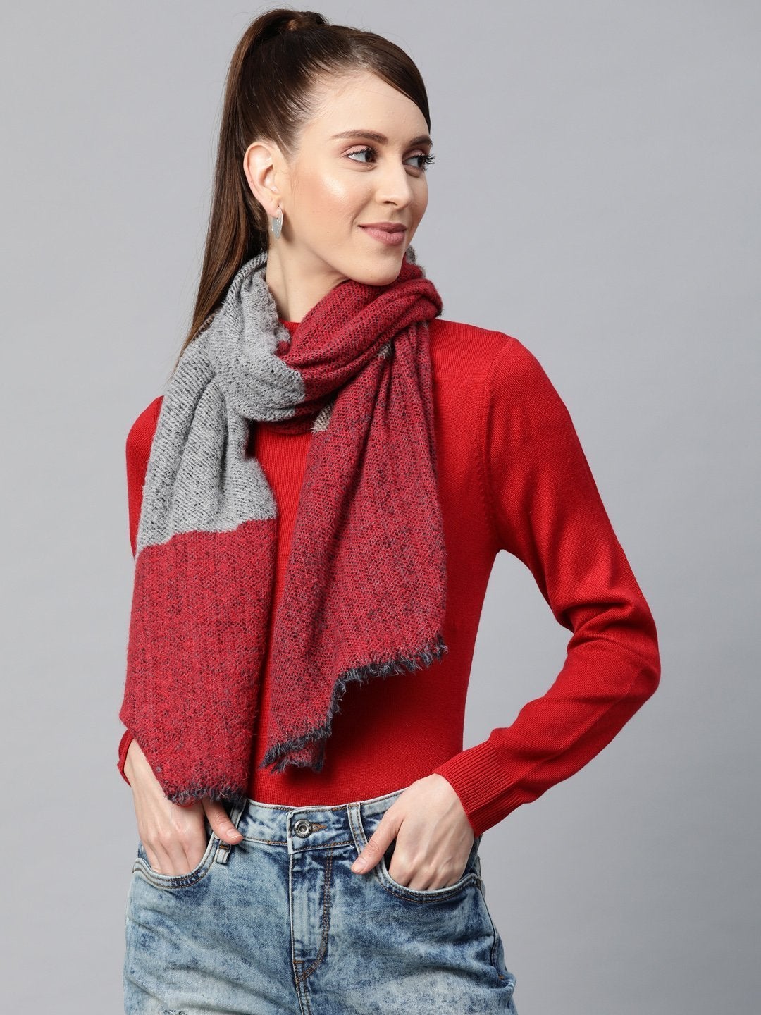 Women's Grey & Red Mohair Stripe Stole - SASSAFRAS