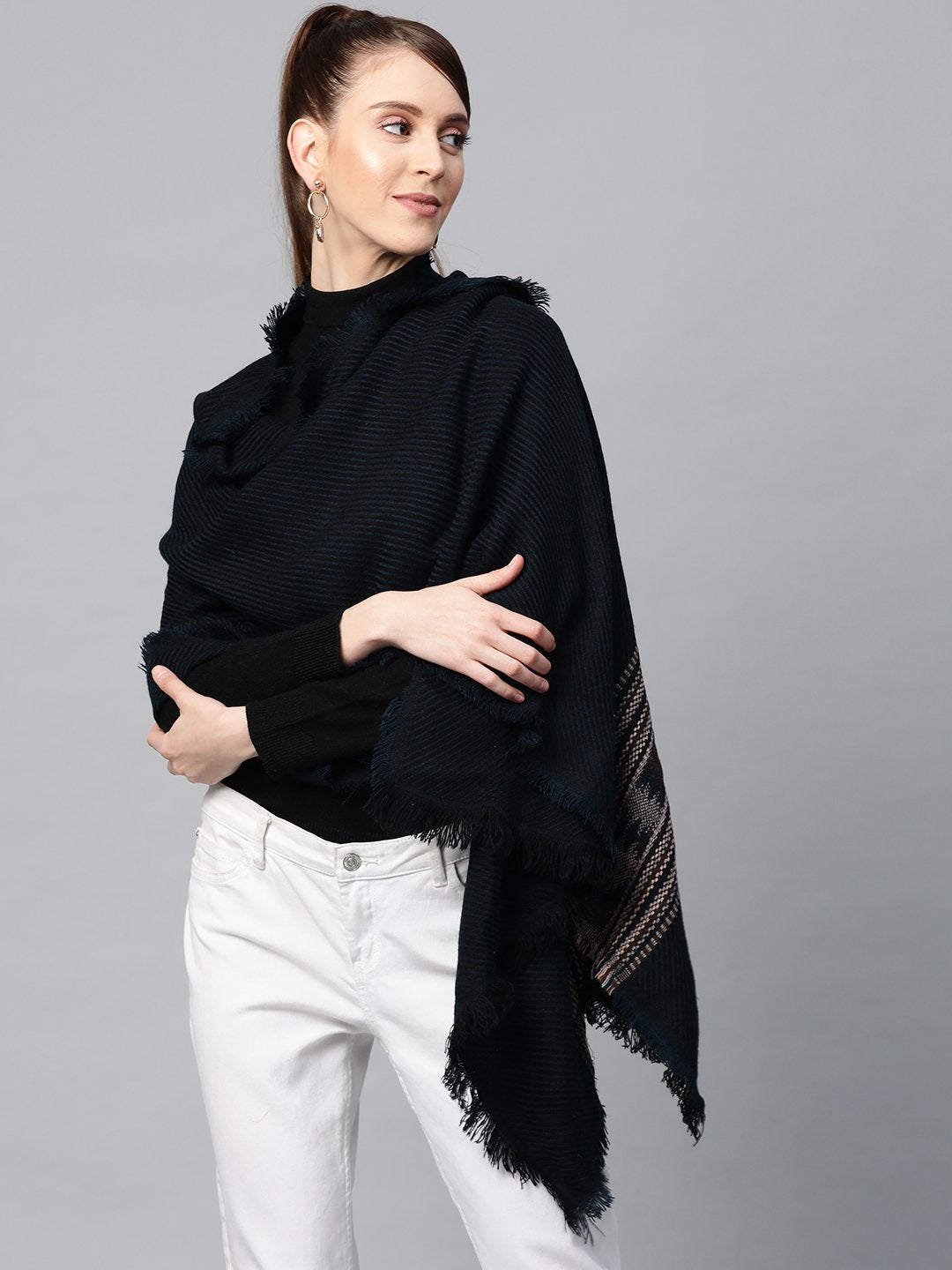 Women's Navy & Black Acrylic Cotton Kullu Border Stole - SASSAFRAS