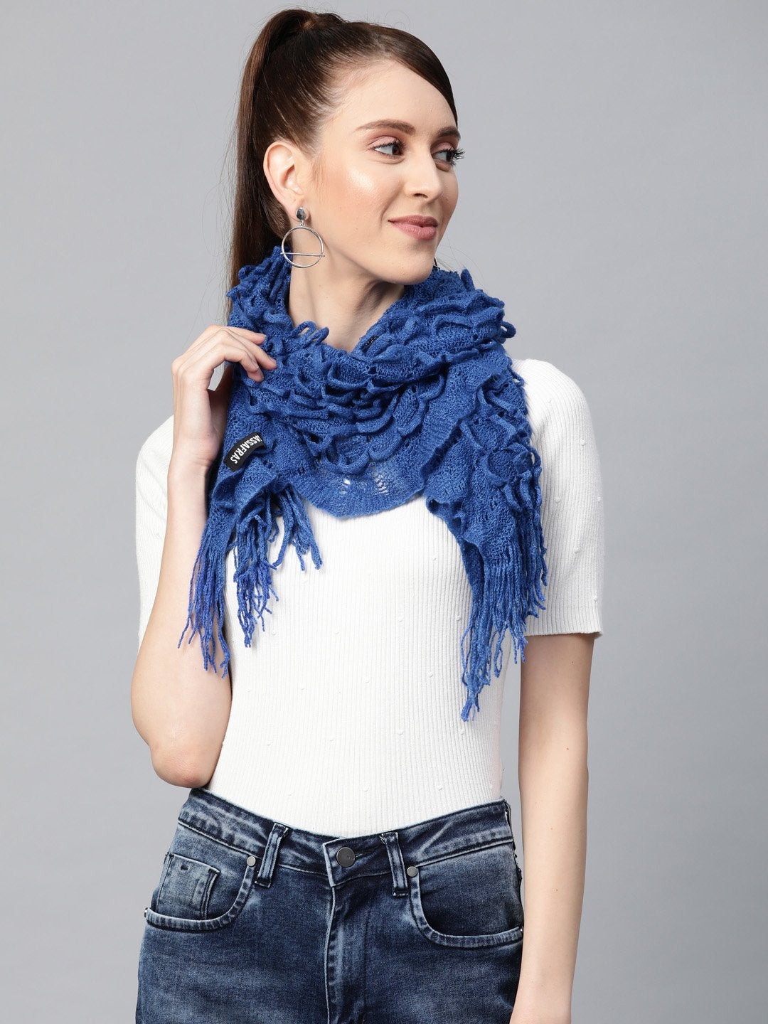 Women's Blue Crochet Poly Wool Stole - SASSAFRAS