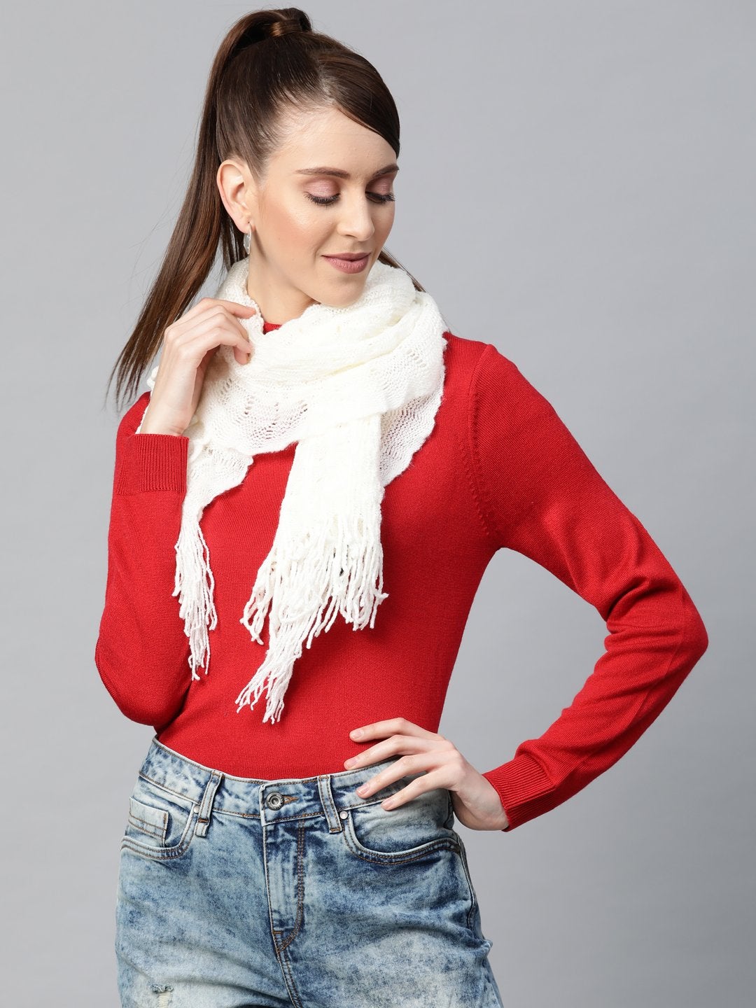 Women's White Crochet Poly Wool Stole - SASSAFRAS