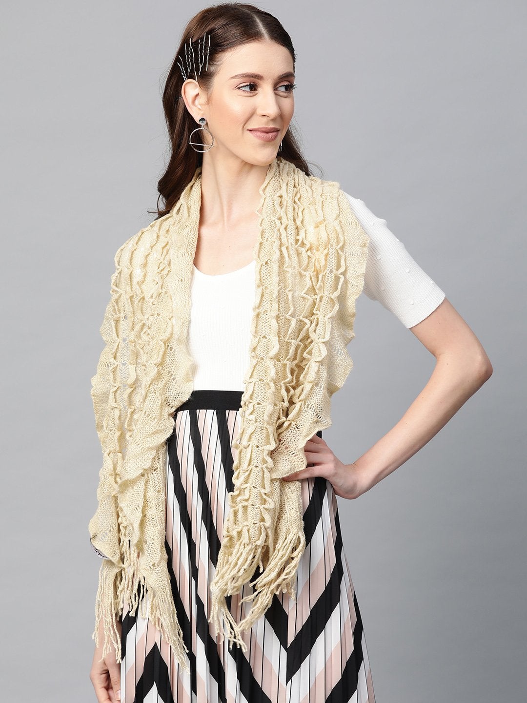Women's Beige Crochet Poly Wool Stole - SASSAFRAS