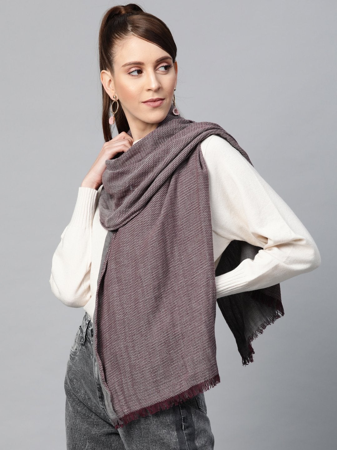 Women's Grey & Maroon Poly Wool Stole - SASSAFRAS