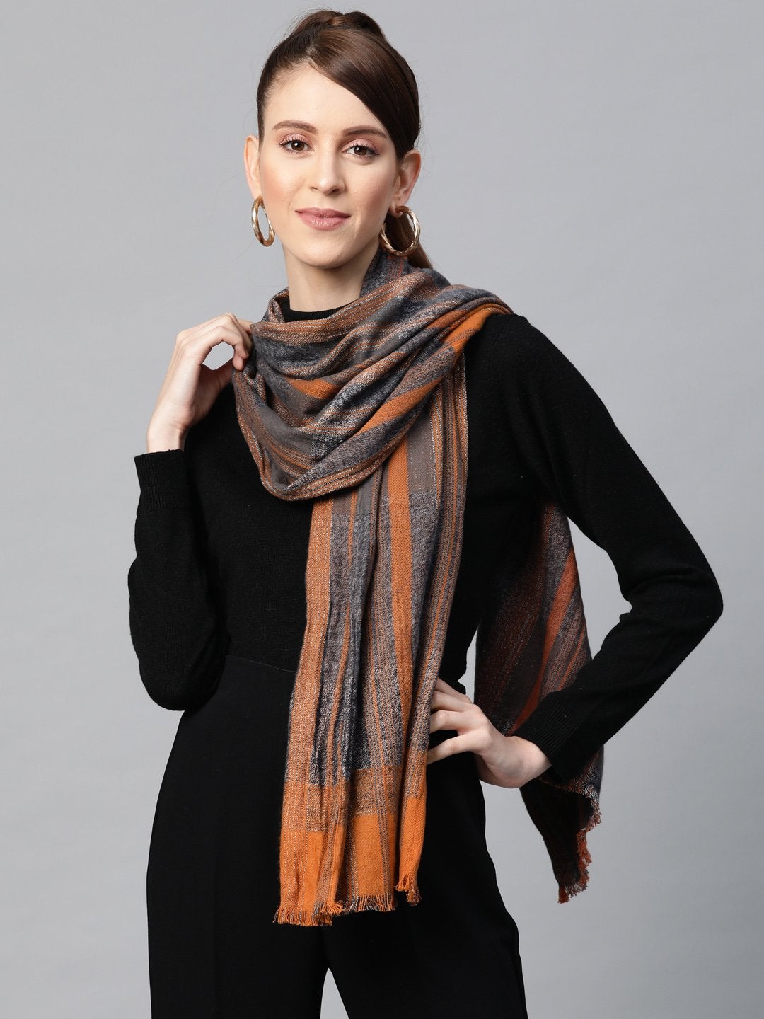 Women's Orange & Navy Stripes Poly Wool Stole - SASSAFRAS