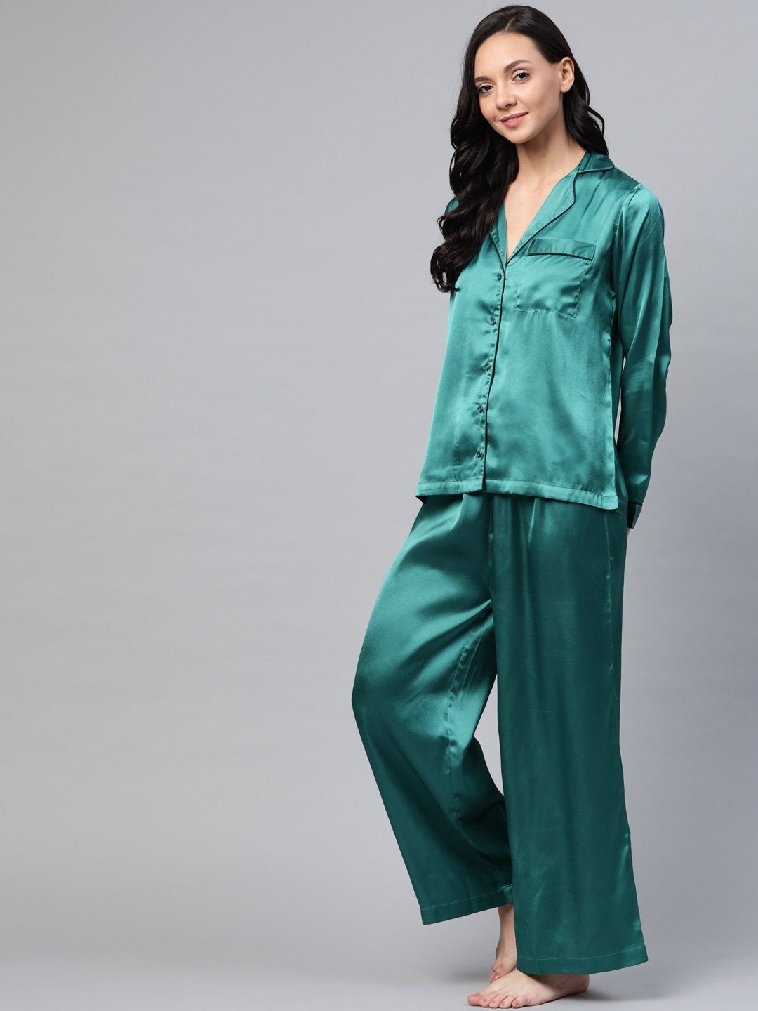 Women's Green Satin Night Suit - SASSAFRAS