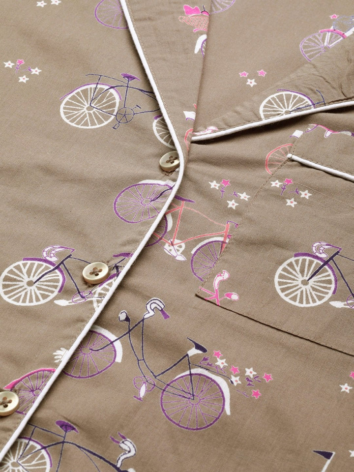 Women's Taupe Cycle Print Night Suit - SASSAFRAS