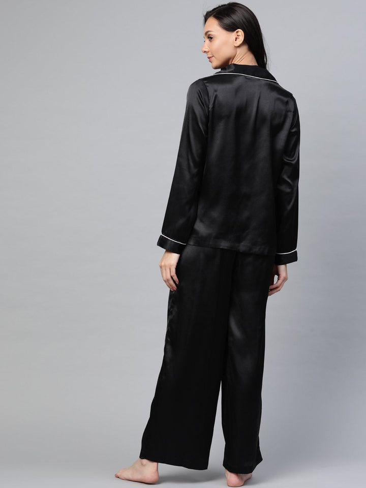 Women's Black Satin Night Suit - SASSAFRAS