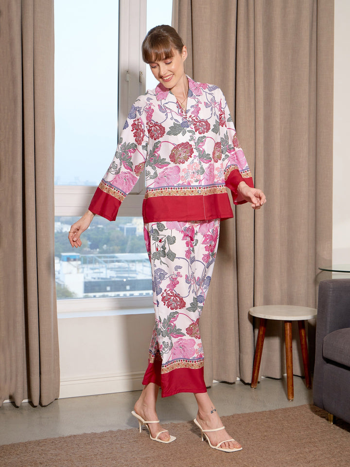 Women's White Floral Notch Collar Shirt With Lounge Pants - SASSAFRAS