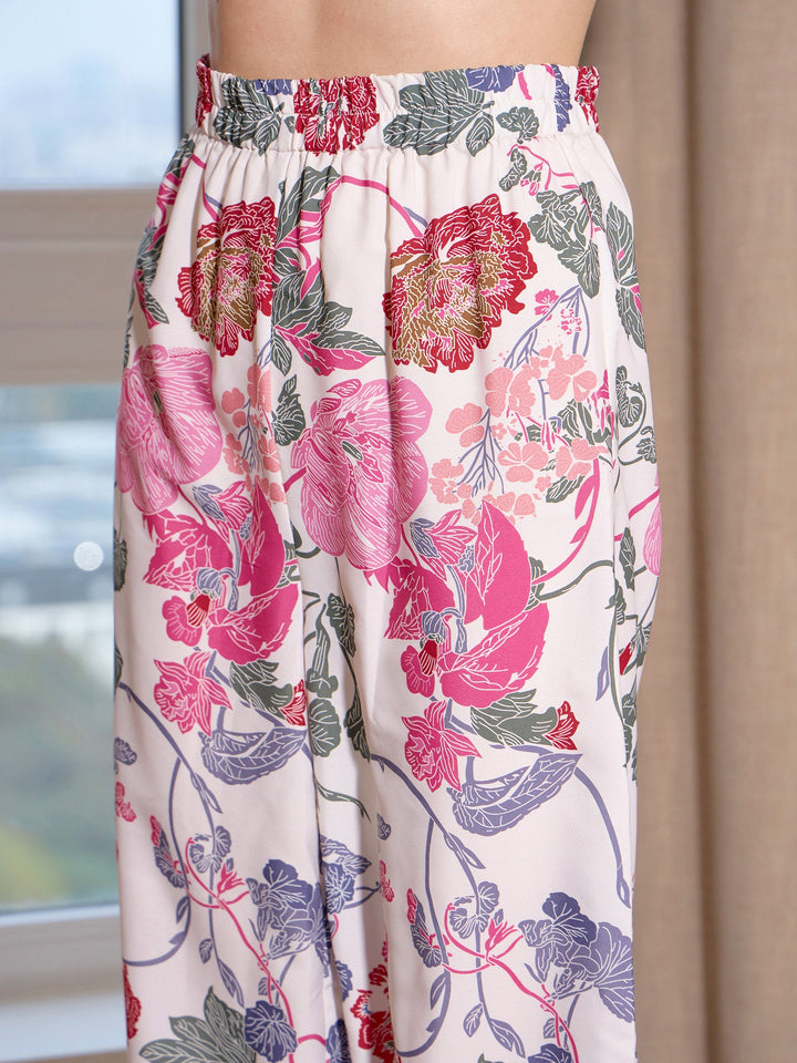 Women's White Floral Notch Collar Shirt With Lounge Pants - SASSAFRAS