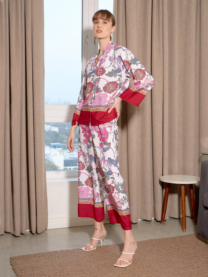 Women's White Floral Notch Collar Shirt With Lounge Pants - SASSAFRAS