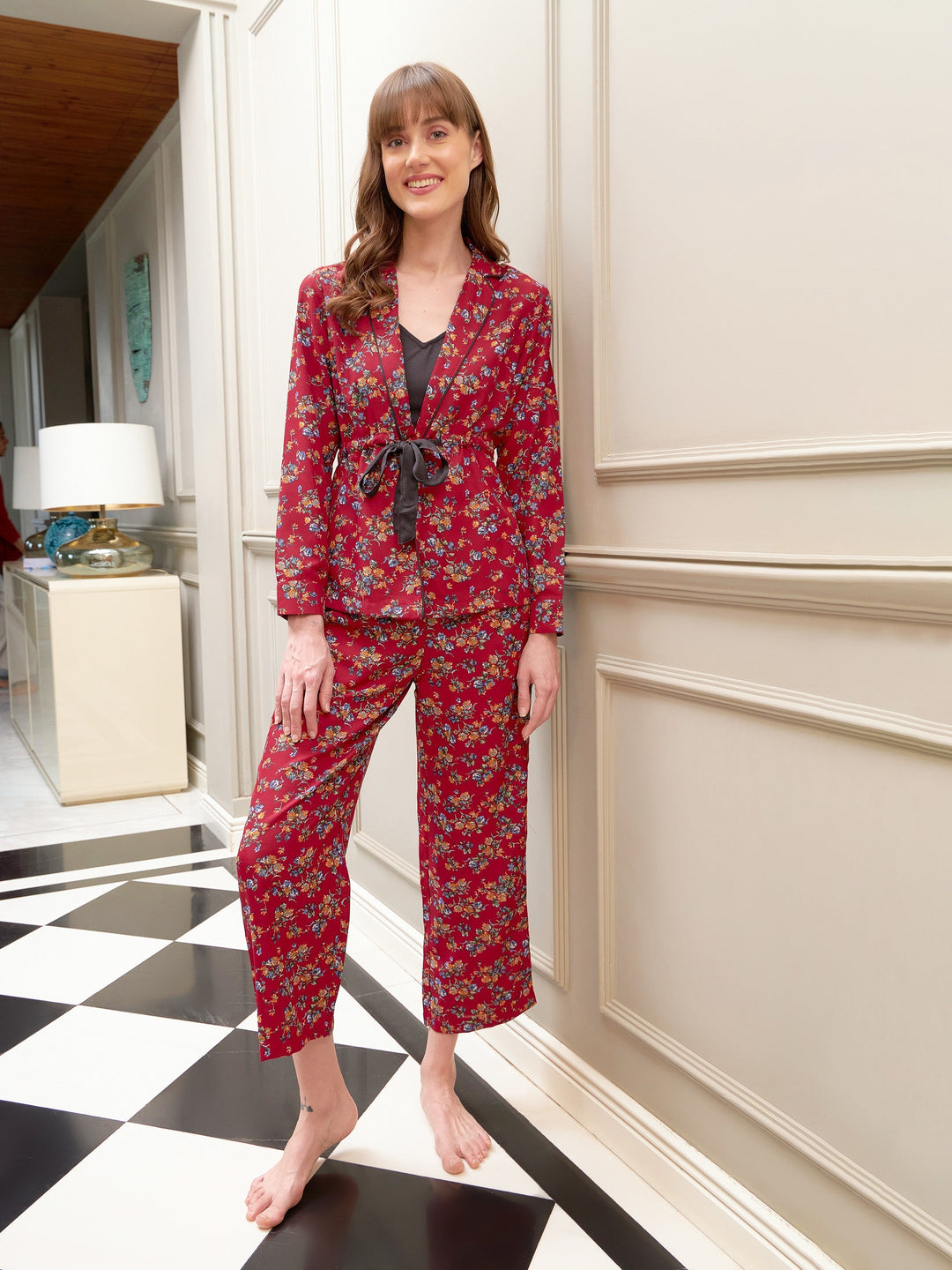 Women's Red Floral Notch Shirt With Lounge Pants & Strappy Top - SASSAFRAS