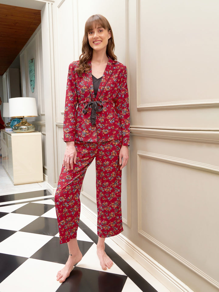 Women's Red Floral Notch Shirt With Lounge Pants & Strappy Top - SASSAFRAS