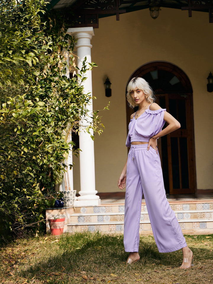 Women's Lavender Strappy V-Neck Crop Top With Palazzos - SASSAFRAS