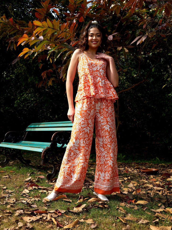 Women's Orange Floral Strappy Top With Palazzos - SASSAFRAS