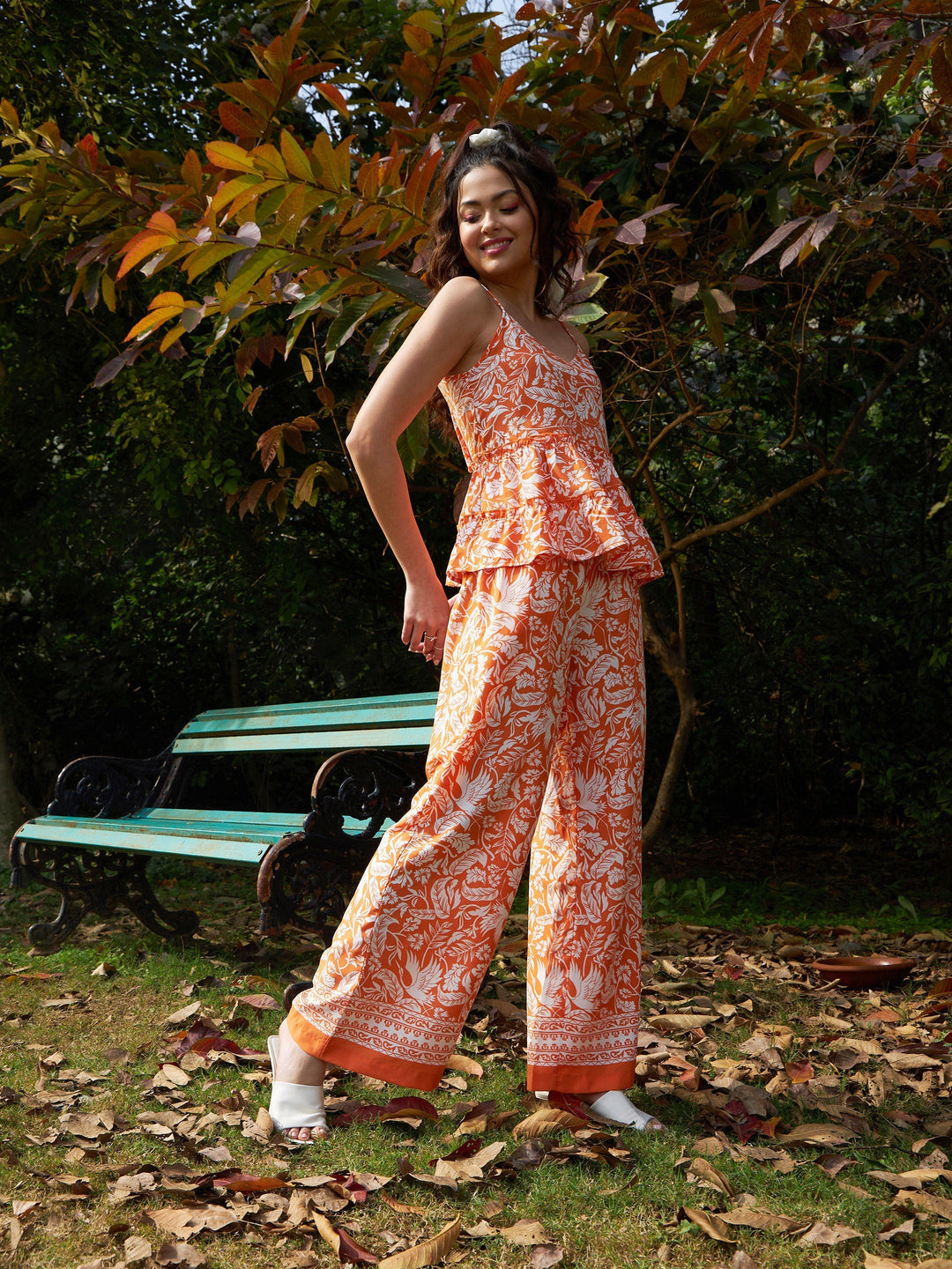 Women's Orange Floral Strappy Top With Palazzos - SASSAFRAS