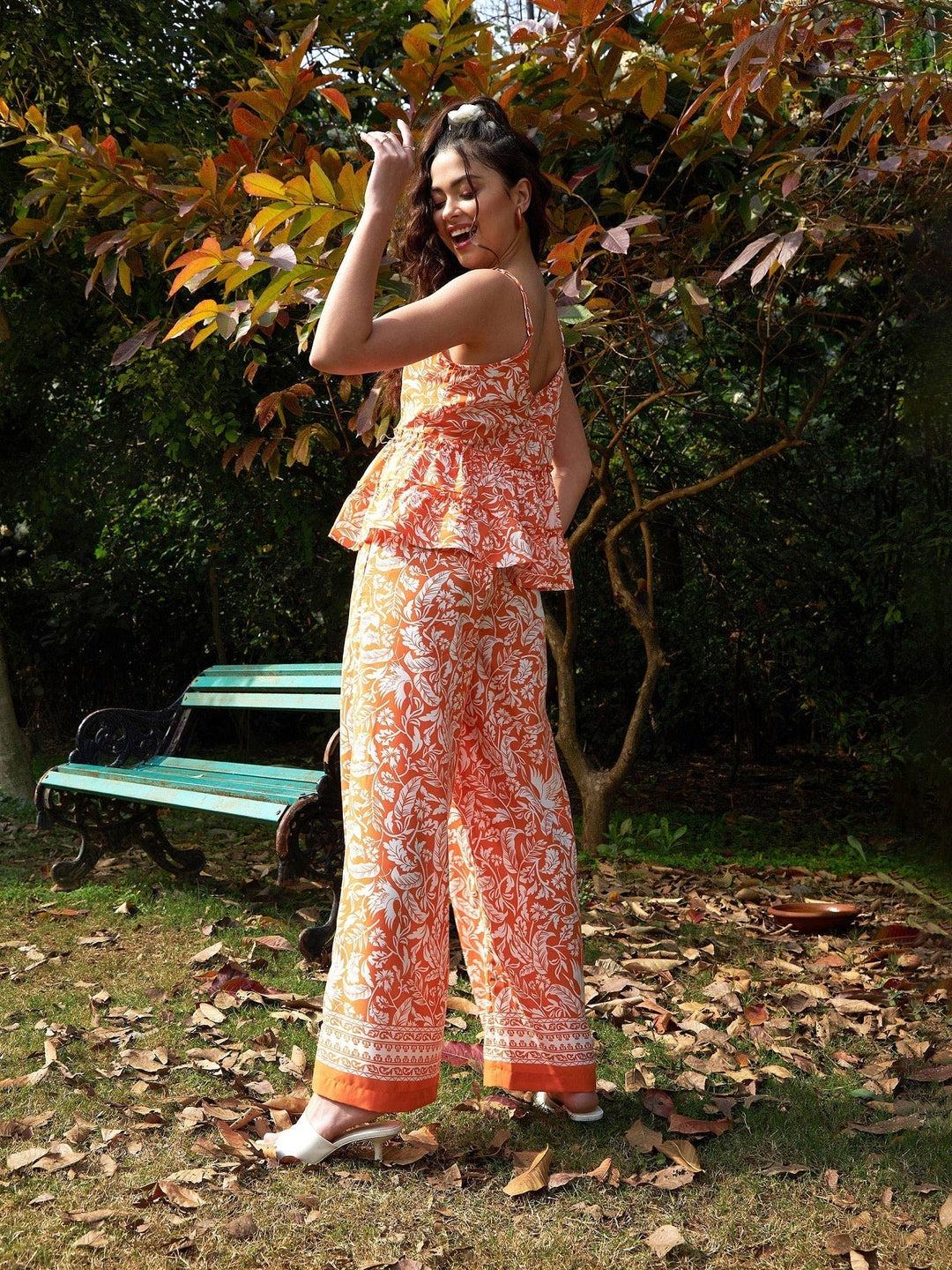 Women's Orange Floral Strappy Top With Palazzos - SASSAFRAS