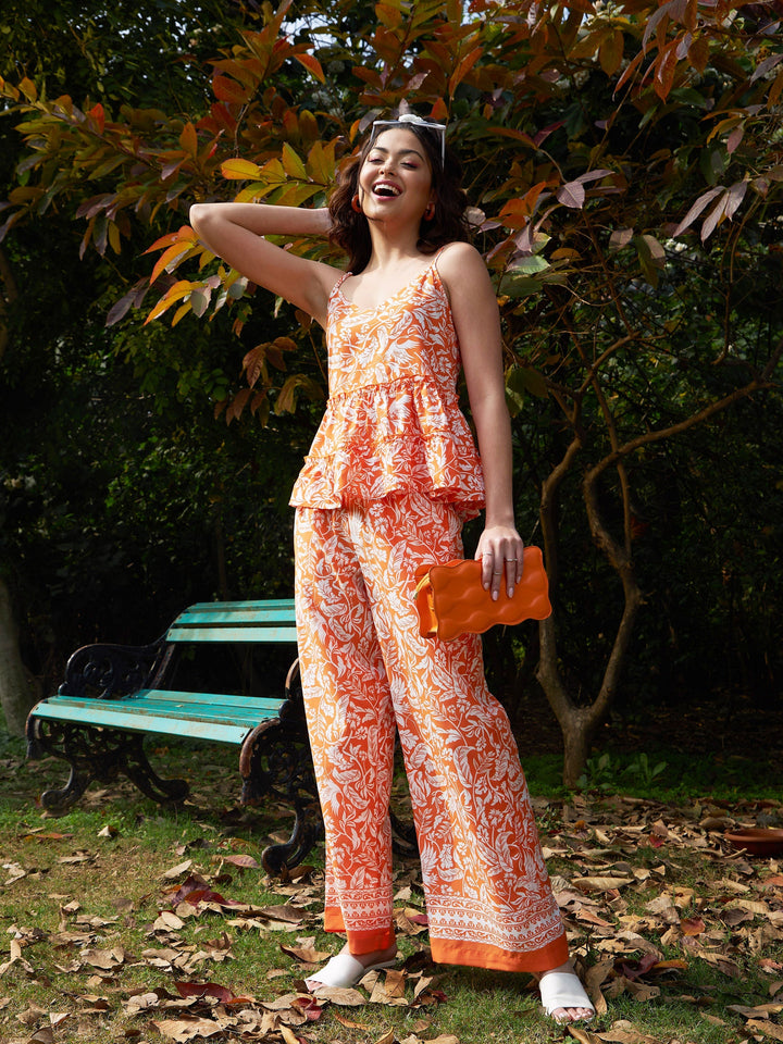 Women's Orange Floral Strappy Top With Palazzos - SASSAFRAS