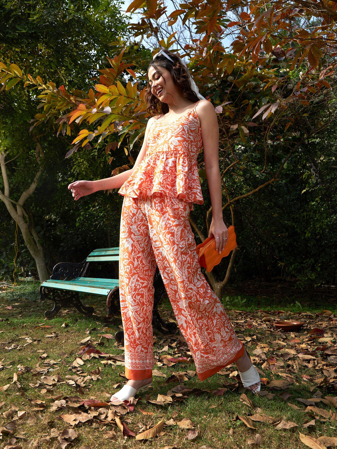 Women's Orange Floral Strappy Top With Palazzos - SASSAFRAS