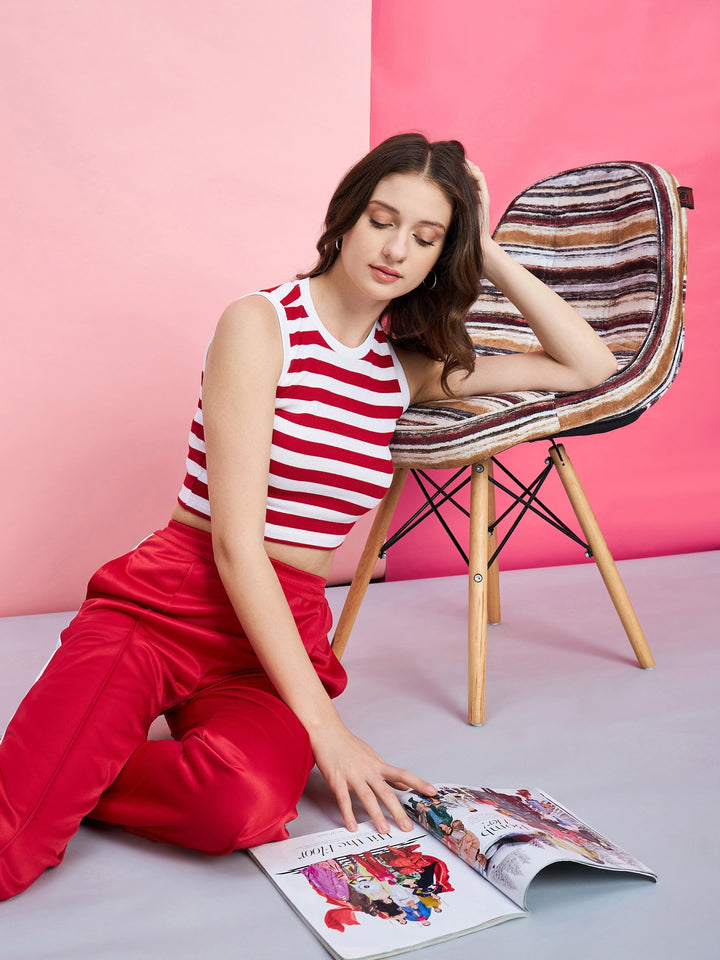 Women's Red & White Stripe Rib Crop Top With Red Side Button Track Pants - SASSAFRAS