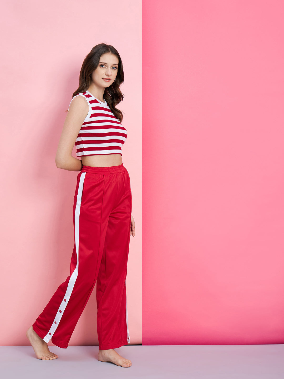 Women's Red & White Stripe Rib Crop Top With Red Side Button Track Pants - SASSAFRAS