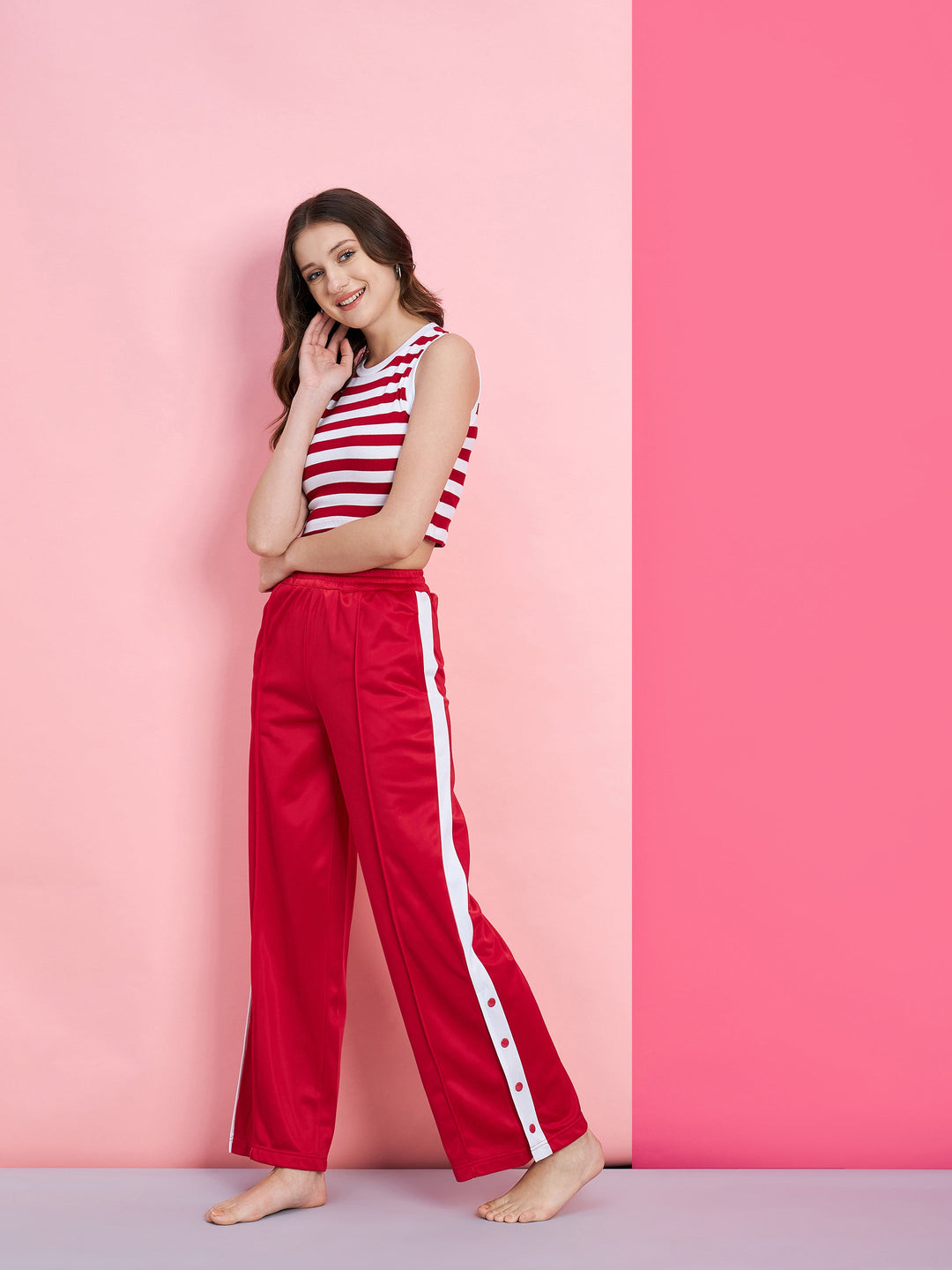 Women's Red & White Stripe Rib Crop Top With Red Side Button Track Pants - SASSAFRAS