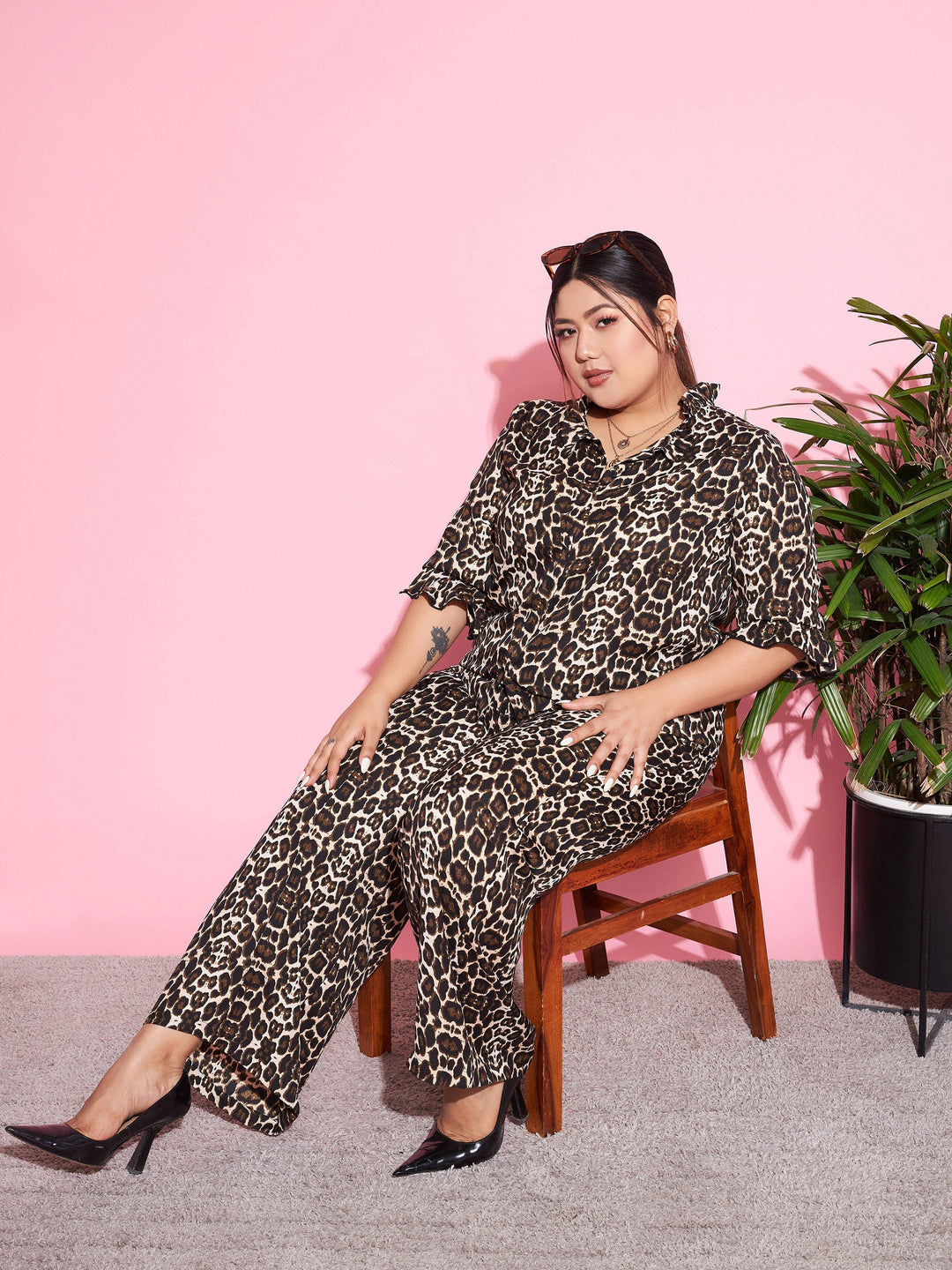 Women's Beige Animal Print Shirt With Straight Pants - SASSAFRAS